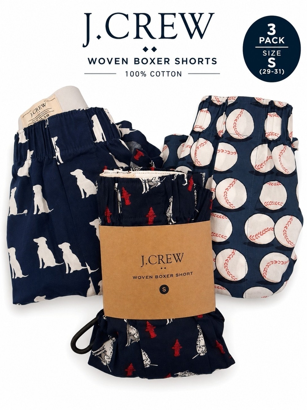 J.CREW 3-Pack Woven Boxer Shorts 100 % Cotton Size Small Dogs Baseball
